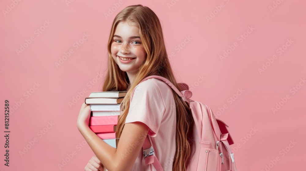 Girl with Books and Backpack. Girl with Books and Backpack.