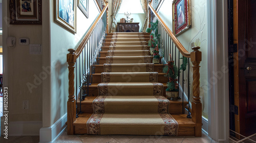 Luxury home entryway with khaki carpeted stairs featuring a classic wooden banister and a Persian runner A series of framed family portraits adds a personal touch to the decor