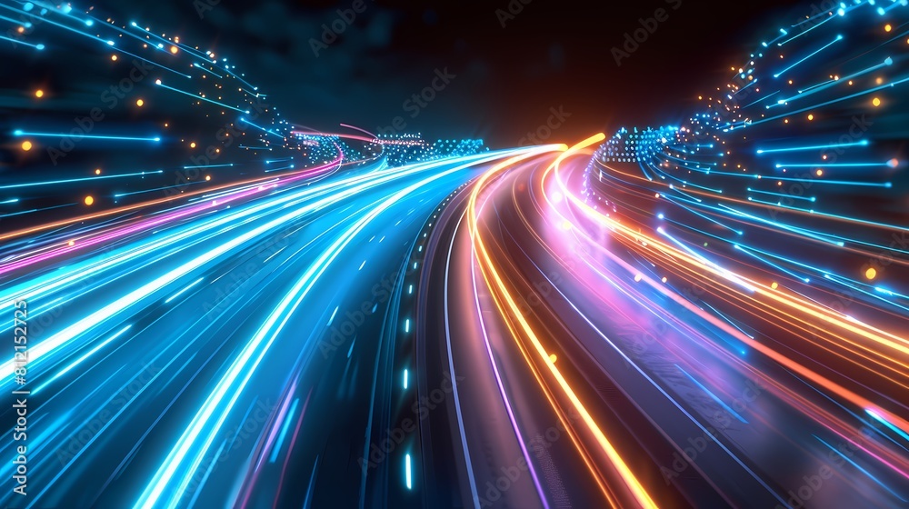 Vibrant light trails on a futuristic highway at night Vibrant light trails on a futuristic highway at night