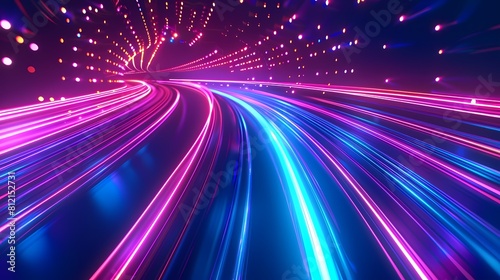 Vibrant light trails speeding through a neon tunnel