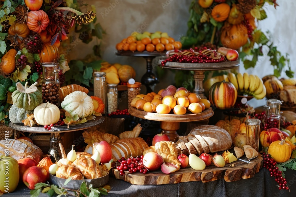 Bountiful autumn table display with a variety of fruits, vegetables, and baked goods Bountiful autumn table display with a variety of fruits, vegetables, and baked goods