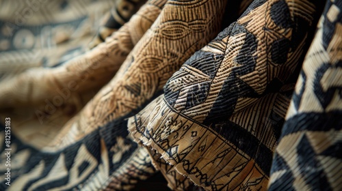 The image shows a close-up of a woven fabric with intricate patterns and a soft, warm color palette photo