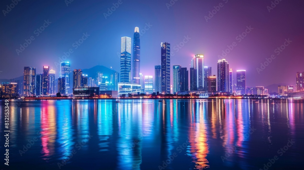 Fototapeta premium Light trace of modern architecture background in Shenzhen Financ