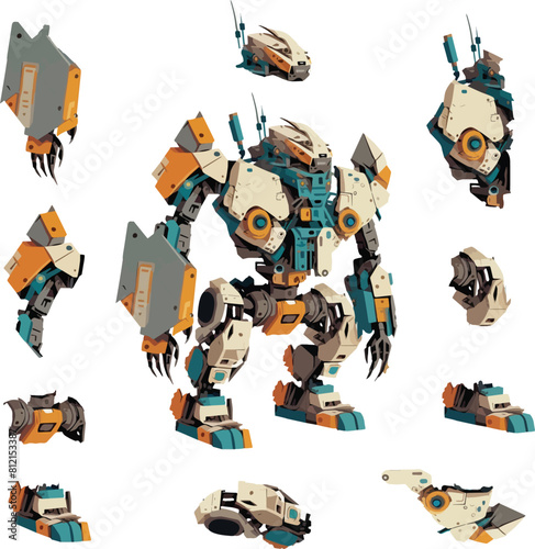 Disassembled robot mech style concept illustration. Indie game design vector graphics.