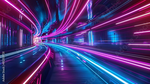 Vibrant neon lights line a futuristic tunnel