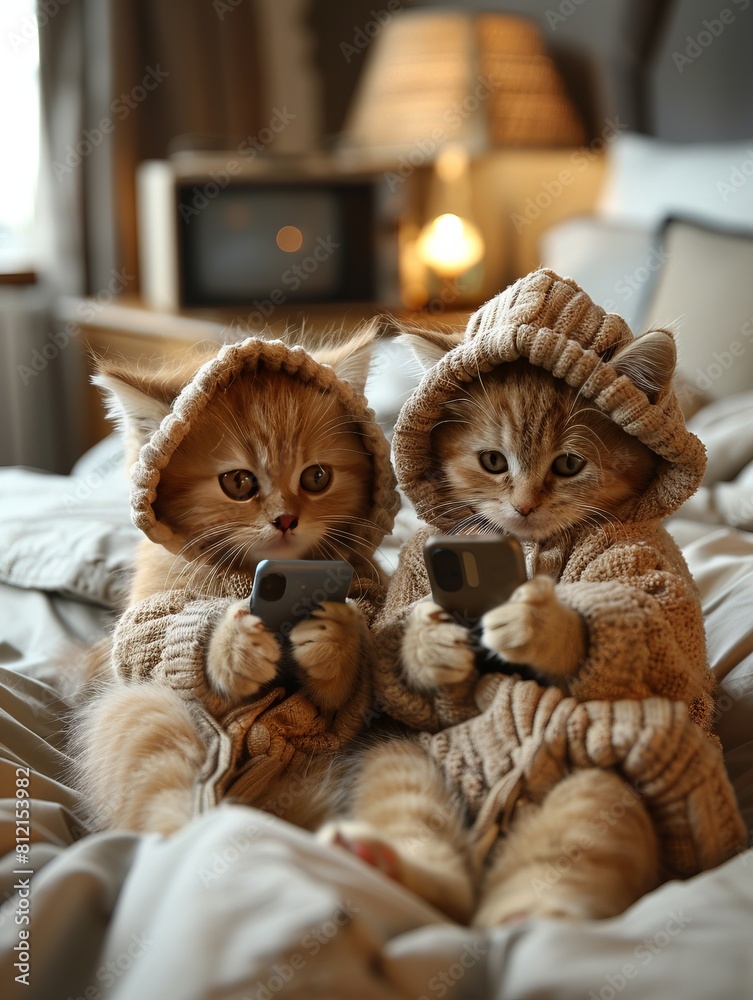 Adorable British Shorthair Kittens in Pajamas Watching TV on Bed with Phones.