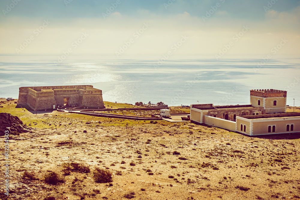 Shoreline with Old guards castle, Almeria Spain Shoreline with Old guards castle, Almeria Spain