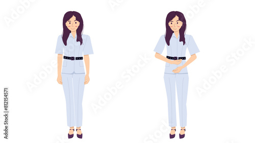 flat character of female with white suit blazer outfit happy standing pose