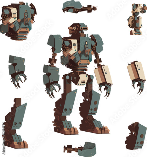 Disassembled robot mech style concept illustration. Indie game design vector graphics.