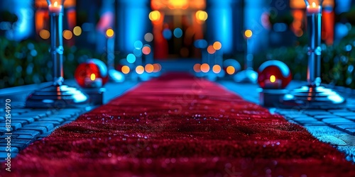 Red carpet rolls out for glamorous event with venue in background. Concept Red Carpet Event, Glamorous Venue, VIP Guests, Paparazzi Moments photo
