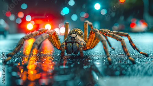 Elegantly clad spider weaves through city streets, a stylish arachnid donned in tailored fashion, epitomizing street style. photo
