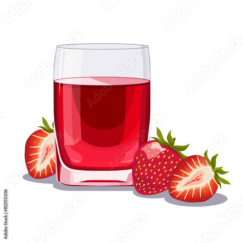 Full glass of red freshly squeezed strawberry juice. Isolated vector summer drink for flat design