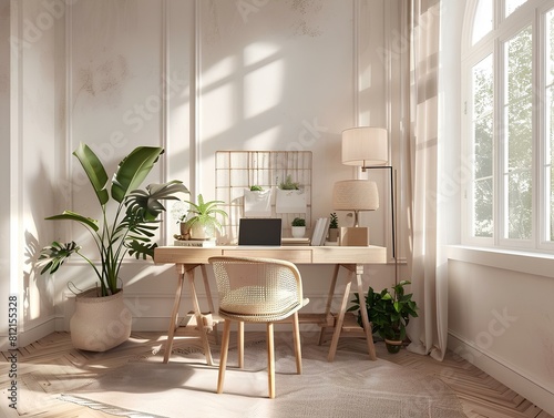 Home office workspace with a large desk  comfortable chair  bright windows  and plants.