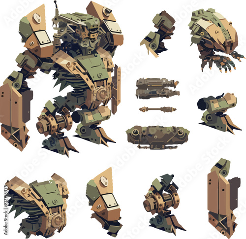 Disassembled robot mech style concept illustration. Indie game design vector graphics.