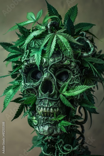 Green Skull Entwined with Cannabis Leaves 