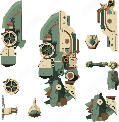 Disassembled robot mech style concept illustration. Indie game design vector graphics.