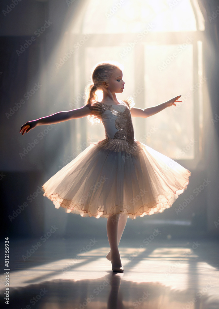 Naklejka premium Little kid girl ballerina dance in a studio. AI generative