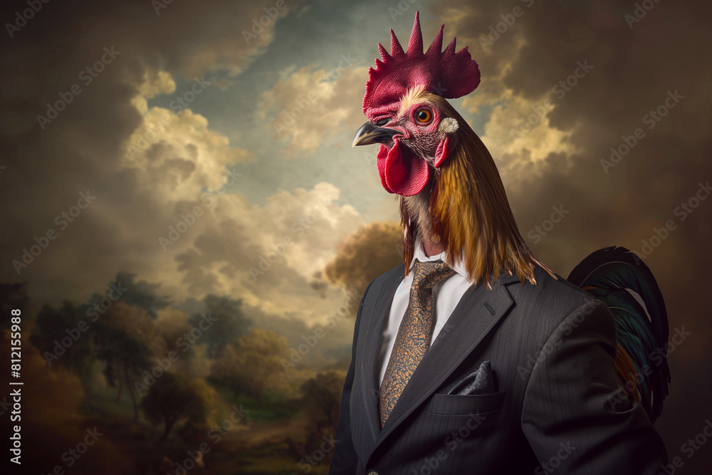 rooster dressed in a sharp business suit,Behold the whimsical charm of a portrait featuring a rooster dressed in a sharp business suit, brought to life by the creative ingenuity of generative AI