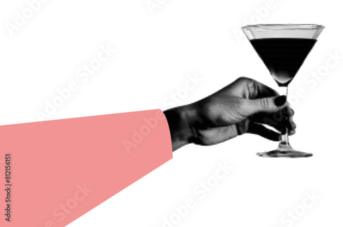 A hand holding a celebration drink. modern halftone collage design element