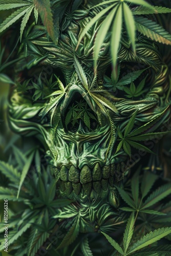 Green Skull Entwined with Cannabis Leaves 