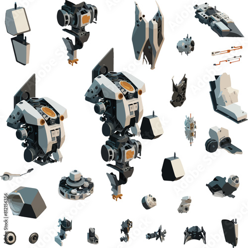 Disassembled robot mech style concept illustration. Indie game design vector graphics.