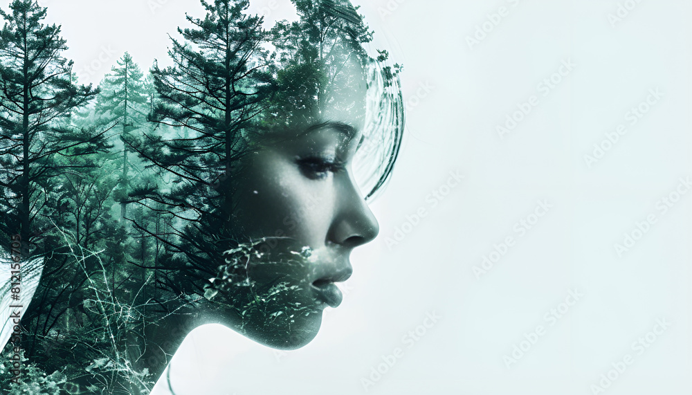 Woman face with nature green forest texture. Ecology concept