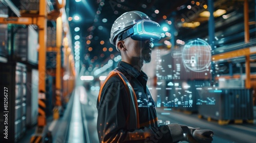 Metaverse Technology. Manager engineer use VR virtual reality goggle analyzing and control logistic network distribution and smart transport intelligent, Industry transport, Logistic of futuristic. © Plaifah