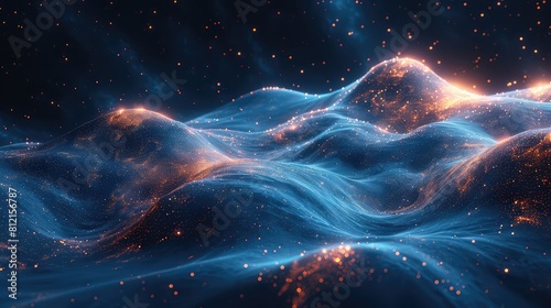 abstract digital landscape with flowing particles Network connection structure
