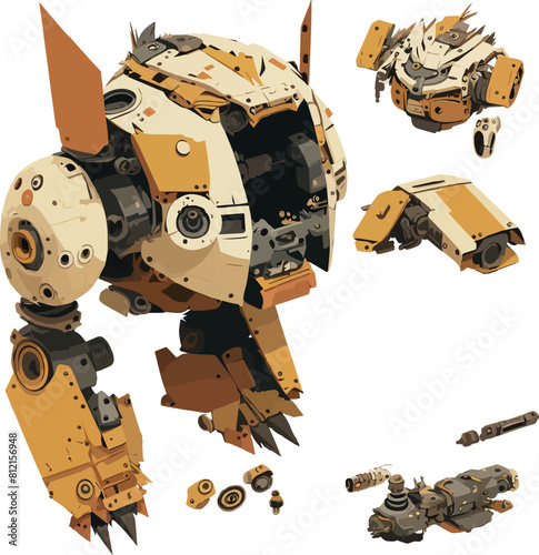 Disassembled robot mech style concept illustration. Indie game design vector graphics.