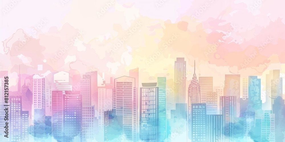 Abstract watercolor painting of a cityscape in pastel colors.