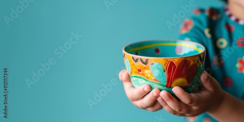 A woman holds a ceramic bowl with bright floral pattern in her hands against blue background. photo