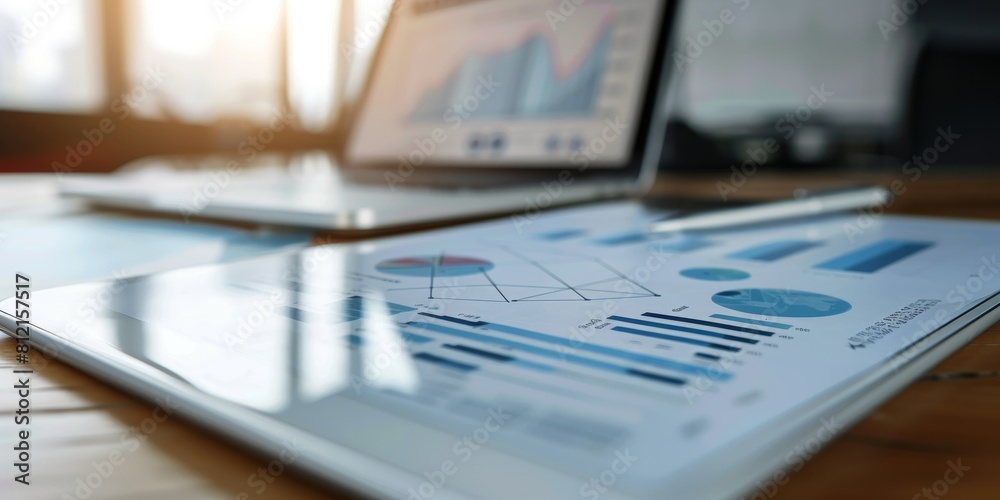 Data analysis and financial graphs on desk with laptop in the background Data analysis and financial graphs on desk with laptop in the background