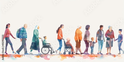Diverse group of people of all ages walking together in a watercolor painting style. photo