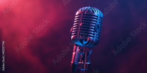 Retro microphone on stage with pink and blue neon lights and smoke