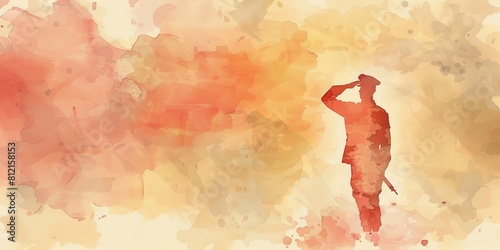 Watercolor illustration of a soldier saluting against a textured background in warm colors. photo