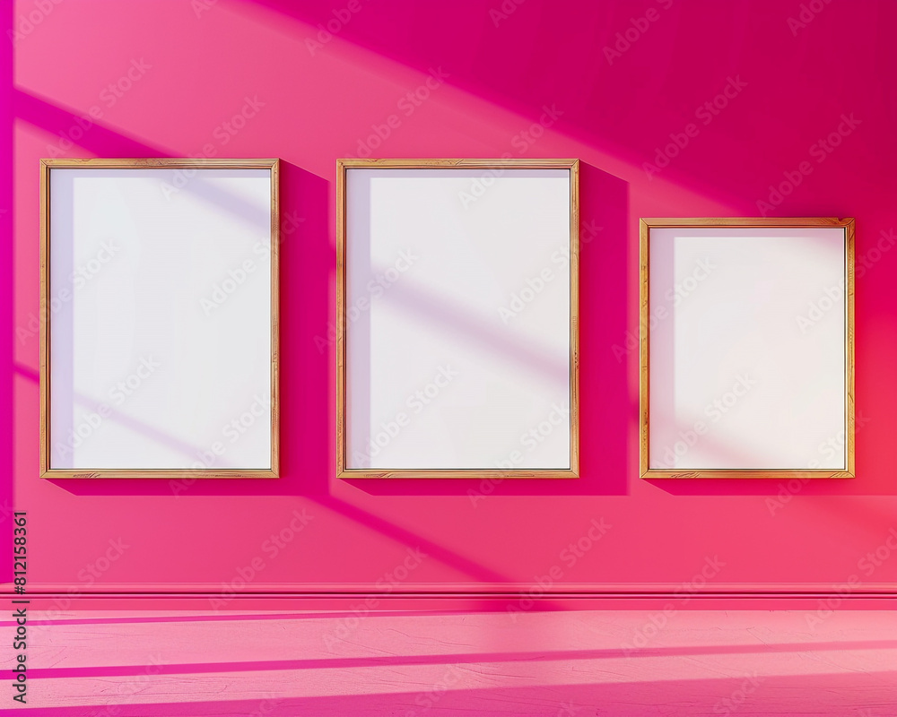 Set of three frames on a vibrant magenta wall playful and bold