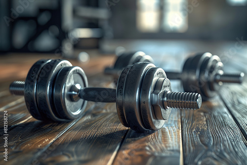 There are two massive dumbbells on the wooden floor. Ideal for advertising clubs, sports programs or fitness equipment. Inventory. Healthy lifestyle. Sport. Lots of space for text. Banner