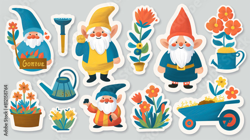 Set of cute garden gnomes with flowers and gardening tools. Vector illustration.