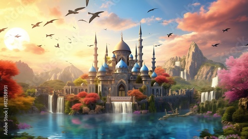 A surreal illustration of a mosque on a floating island