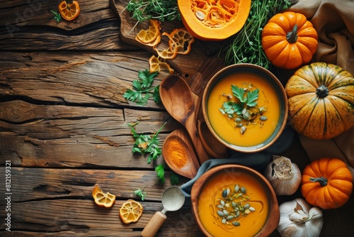 Pumpkin soup with vegetarian cooking ingredients, wooden spoons, and kitchen utensils on a wooden background. Top view. Vegan diet. Autumn harvest. Healthy, AI generated