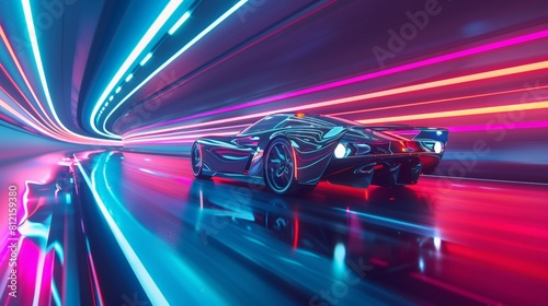 Innovation and technology showcased by a sleek, futuristic car design gliding effortlessly down a neon-lit highway © ishootgood