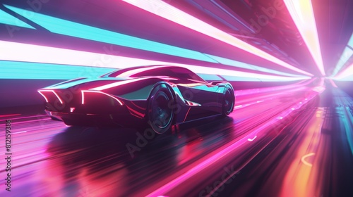 Innovation and technology showcased by a sleek  futuristic car design gliding effortlessly down a neon-lit highway