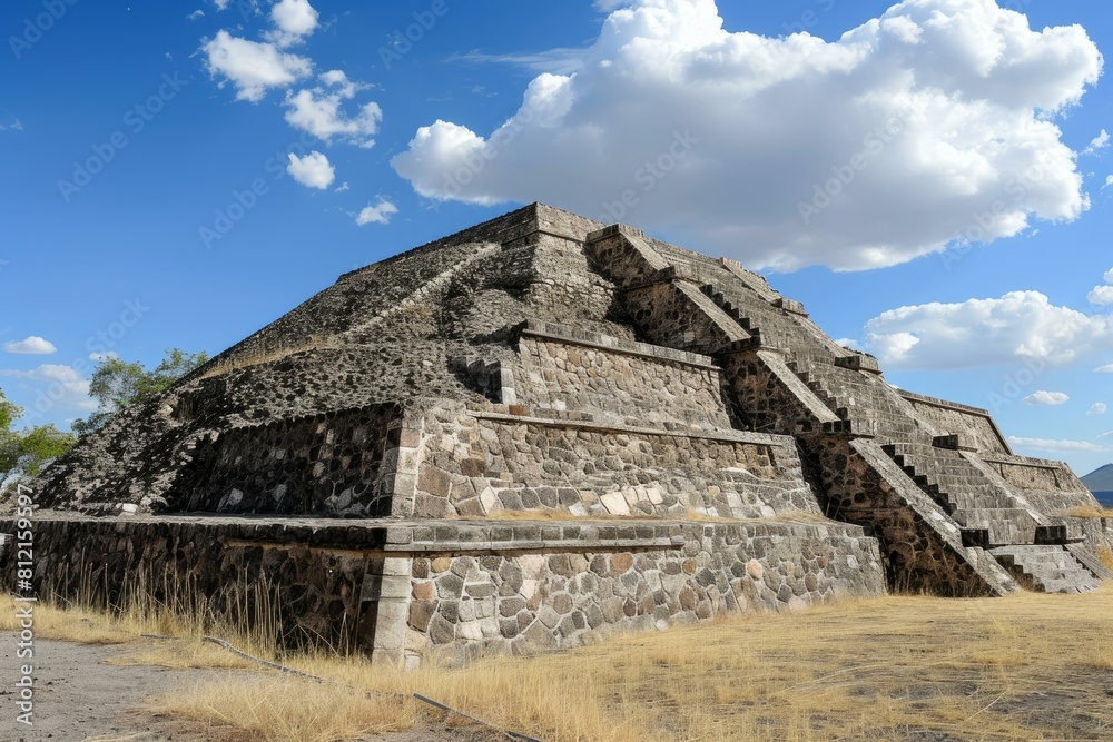 Majestic ancient stone pyramid with staircases under a clear blue sky, showcasing historical architecture Majestic ancient stone pyramid with staircases under a clear blue sky, showcasing historical architecture