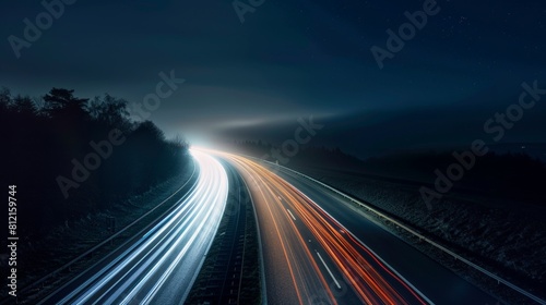 A long exposure shot of a car's taillights leaving streaks of light on a night highway