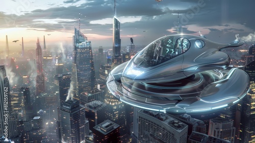 A futuristic flying car taking off from a rooftop landing pad in a futuristic cityscape photo