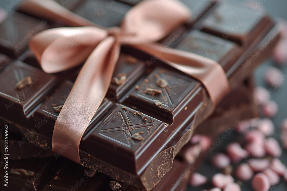 Close-up of stack of dark chocolate bars tied with pink ribbon Close-up of stack of dark chocolate bars tied with pink ribbon