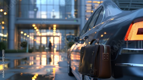 A car parked in front of a modern office building with a briefcase on the passenger seat photo