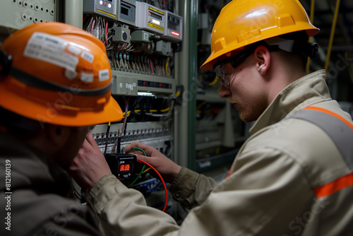 Two electricians in hard hats and protective clothing are working on an electrical panel.