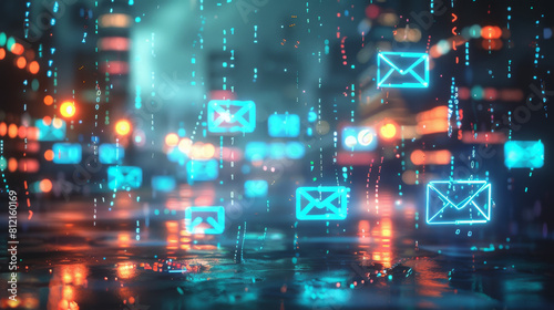 3D render of a glowing cartesian background with many digital envelopes floating around, each containing an envelope symbol and blue neon light, blurred dark city lights in the distance