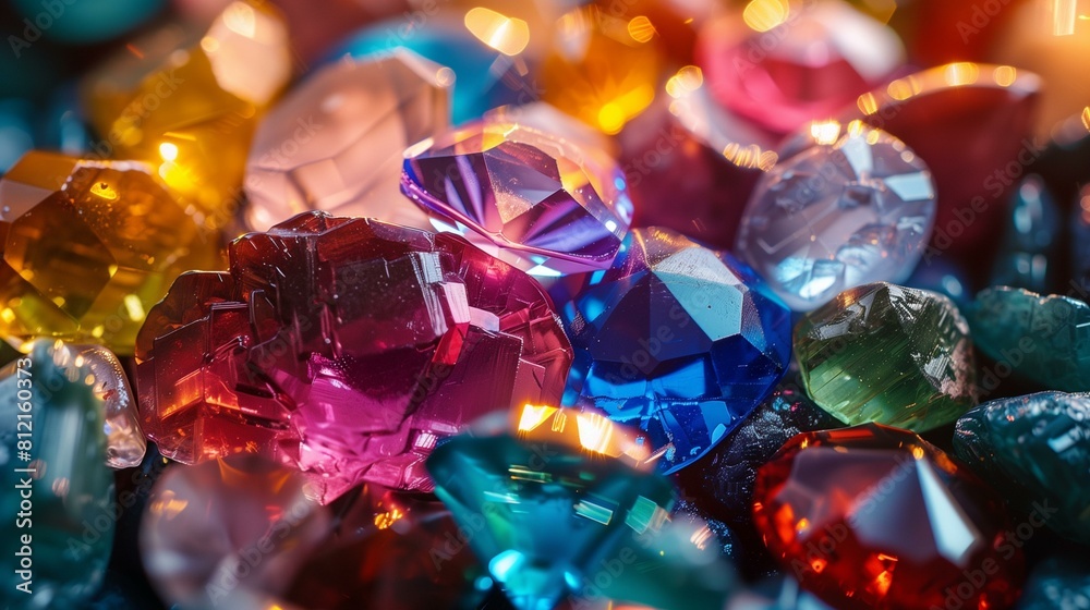 Precious gems scattered on reflective surface blurred background of twinkling lights brilliance of gems Precious gems scattered on reflective surface blurred background of twinkling lights brilliance of gems
